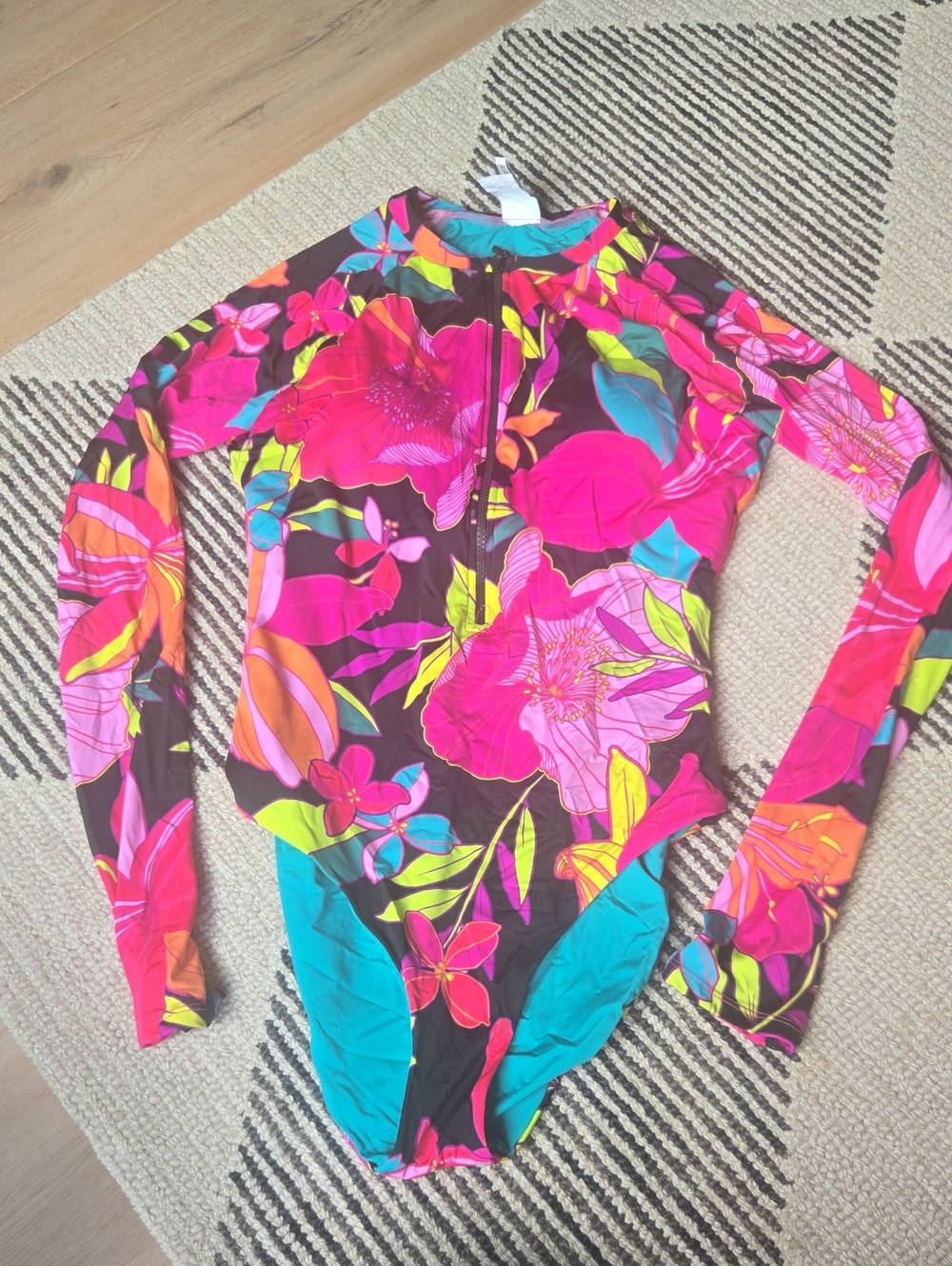 NWOT Trina Turk Multicolor Floral Long-Sleeve One-Piece (Pink, Teal, Orange)